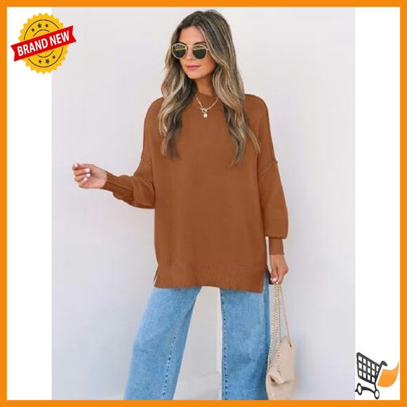 Oversized Ribbed Knit Pullover Sweater Long Sleeve Crew Neck Side Slit - Picture 6 of 7